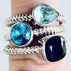 Set of 3 Blue and Silver Color Fashion Rings Sz 8